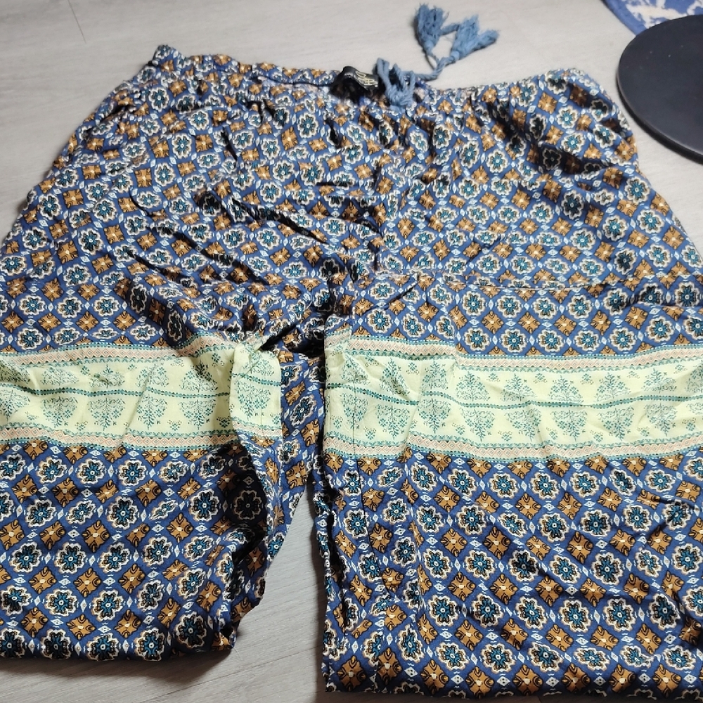 Suzanne Betro Blue Tan Geometric Floral Boho Wide Leg Tassel Pants XL